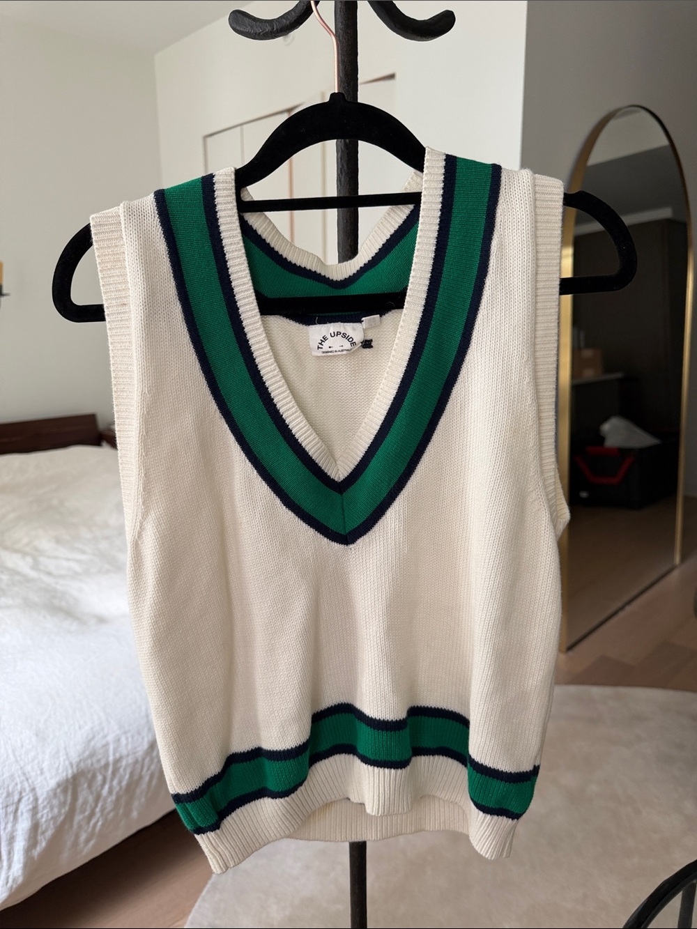 The Upside Cream, Navy & Green V-Neck Stripe Sweater